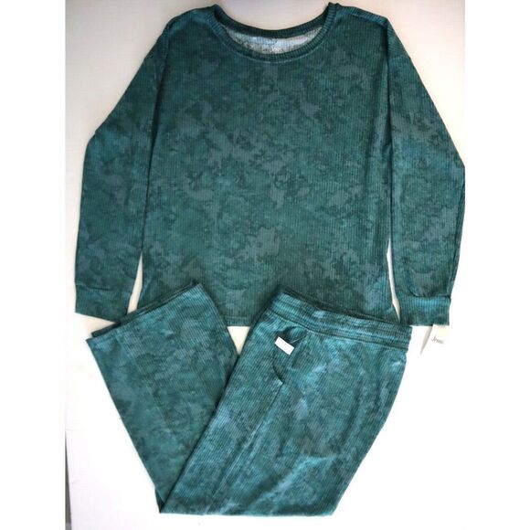 Jenni Women's Sz L Green Subtle Tie Dye 2-pc Cozy Ribbed Knit Pajama Set - Picture 1 of 16